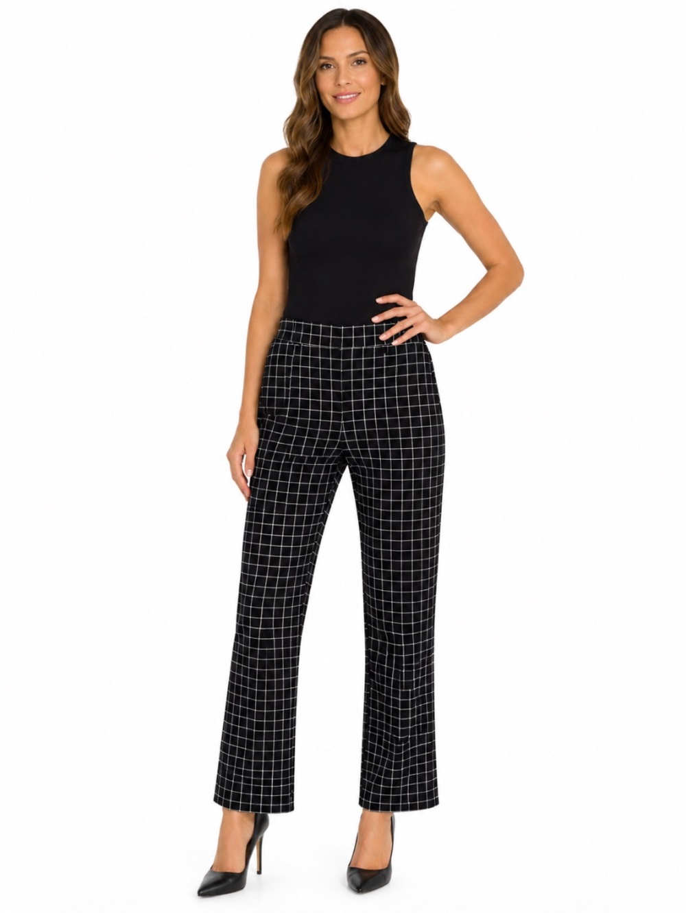 CHICOS Black & White Windowpane Slim Fit Pullon Ankle Pants 6 NWOT